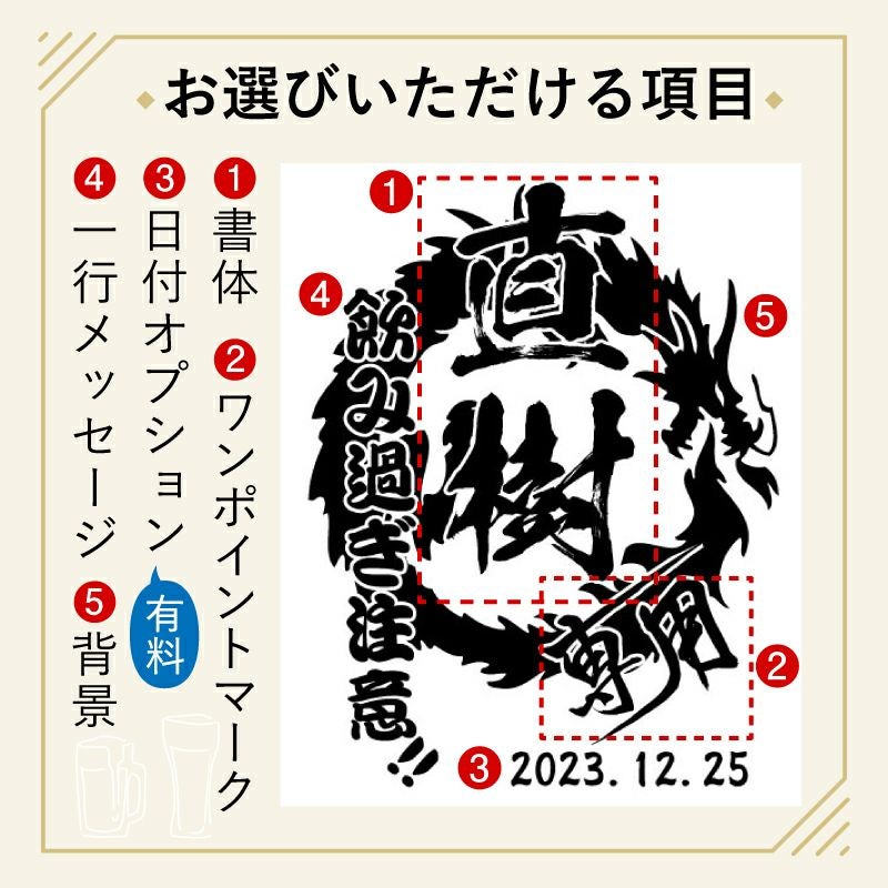 当店の名入れ 名前入り 商品にてお選びいただける項目の紹介です。お誕生日、還暦祝いなど、用途に合わせてデザインをお選びいただけます。