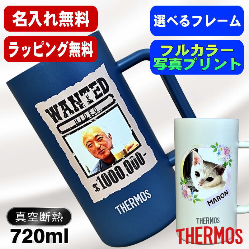 写真入り ビールジョッキ サーモス 名入れ プレゼント 真空断熱 保温 保冷 ステンレス 名前入り ペット うちの子 写真 グッズ 犬 猫 ペットオリジナルグッズ プリント 印刷 ビアグラス おしゃれ ビールグラス ギフト 720ml 青緑 紫 JDK-721C 単品 ビアジョッキ PSYN-17
