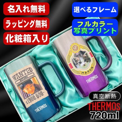 【化粧箱入り】写真入り ビールジョッキ サーモス ペア 名入れ プレゼント 真空断熱 保温 保冷 ステンレス 名前入り ペット うちの子 写真 犬 猫 ペット グッズ プリント 印刷 ビアグラス おしゃれ ビールグラス ギフト 720 ml 青緑 紫 JDK-721C ジョッキ セット PSYN-104