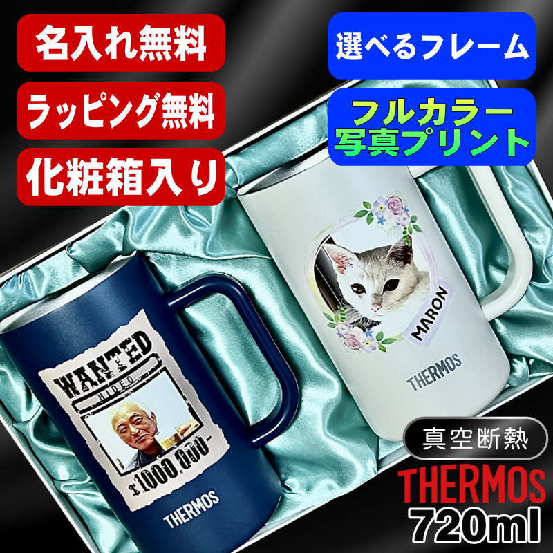 【化粧箱入り】写真入り ビールジョッキ サーモス ペア 名入れ プレゼント 真空断熱 保温 保冷 ステンレス 名前入り ペット うちの子 写真 犬 猫 ペット グッズ プリント 印刷 ビアグラス おしゃれ ビールグラス ギフト 720 ml 青緑 紫 JDK-721C ジョッキ セット PSYN-104