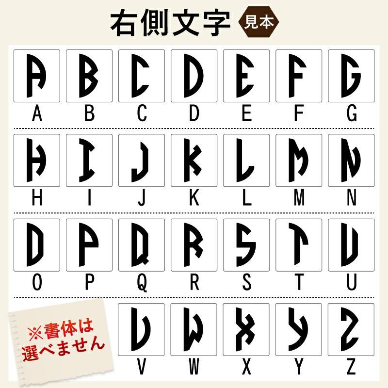 名入れアルファベットの書体見本の続きです。名前入り　彫刻、刻印の頭文字のアルファベットです。誕生日プレゼントにも最適です。