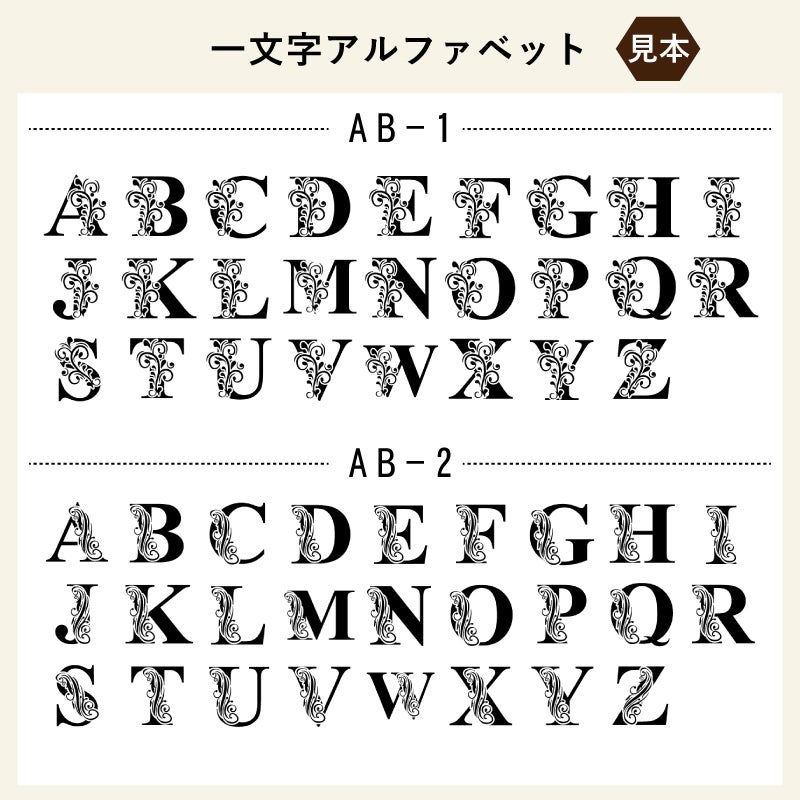 名入れアルファベットの書体見本の続きです。名前入り　彫刻、刻印の頭文字のアルファベットです。誕生日プレゼントにも最適です。