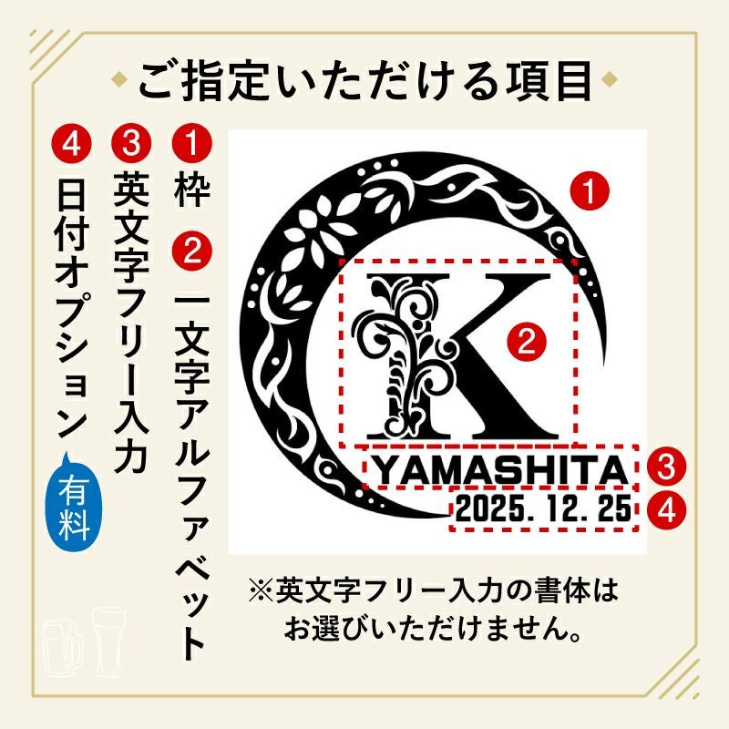 当店の名入れ 名前入り 商品にてお選びいただける項目の紹介です。お誕生日、還暦祝いなど、用途に合わせてデザインをお選びいただけます。
